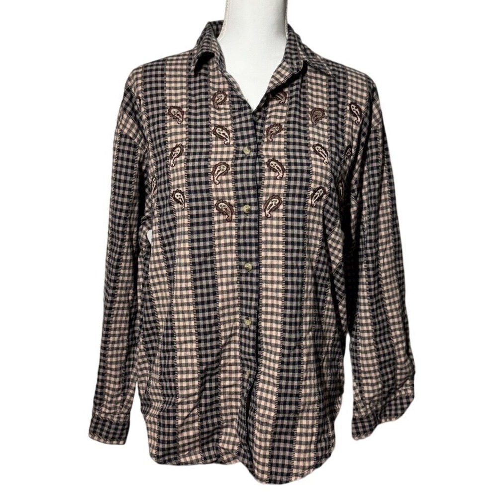 maggie & max plaid embroidered western shirt cotton button front boho country M